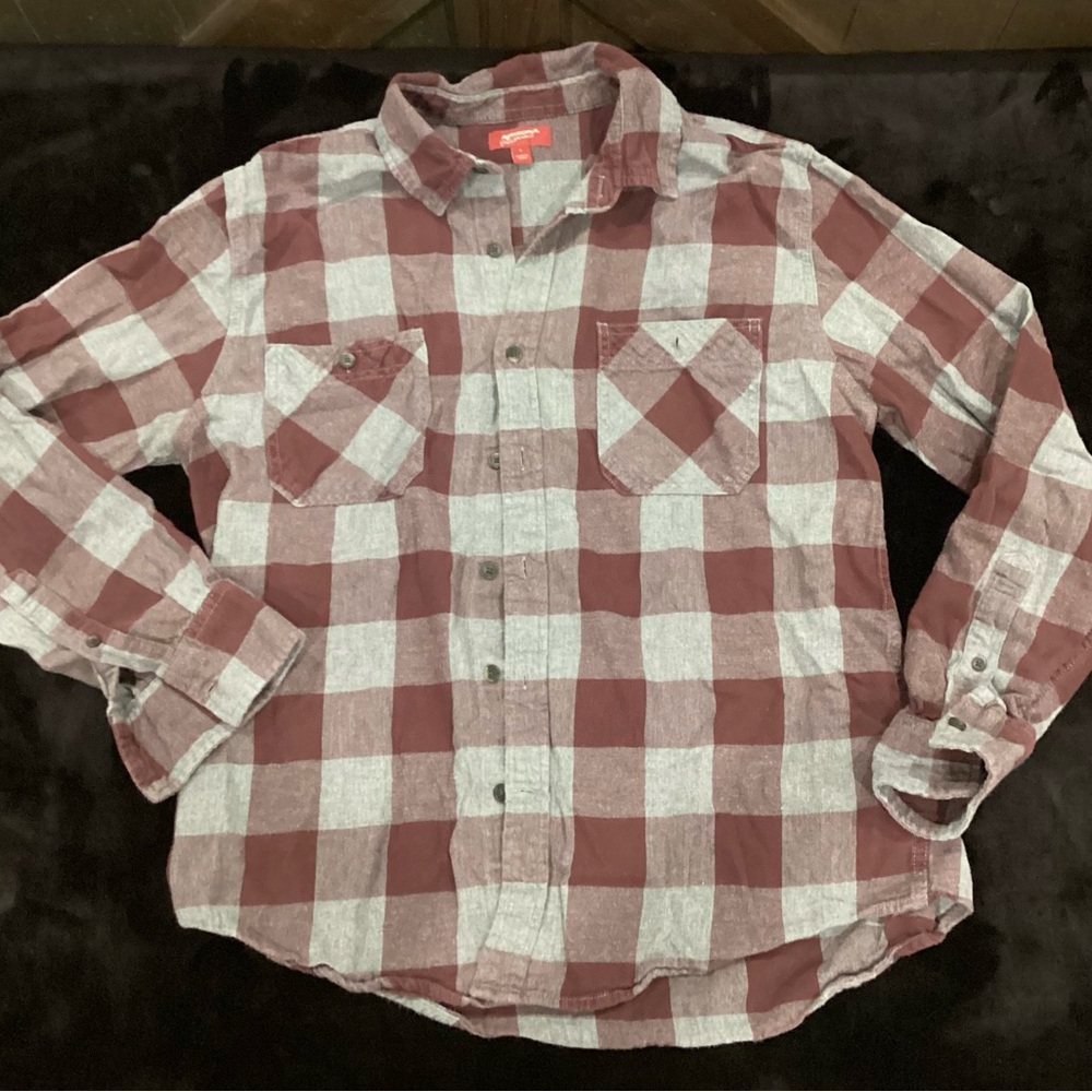 Arizona Jean Company Burgundy and Gray Plaid Shirt